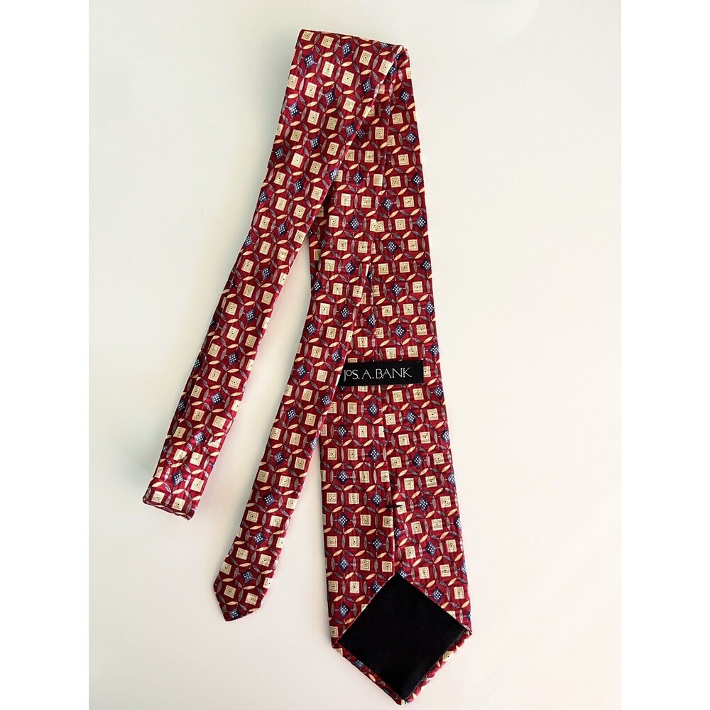 Jos A Bank Tie XL Silk Tie Geometric Red Blue Cream Gray 63 x 4 in Extra Long - Picture 2 of 11